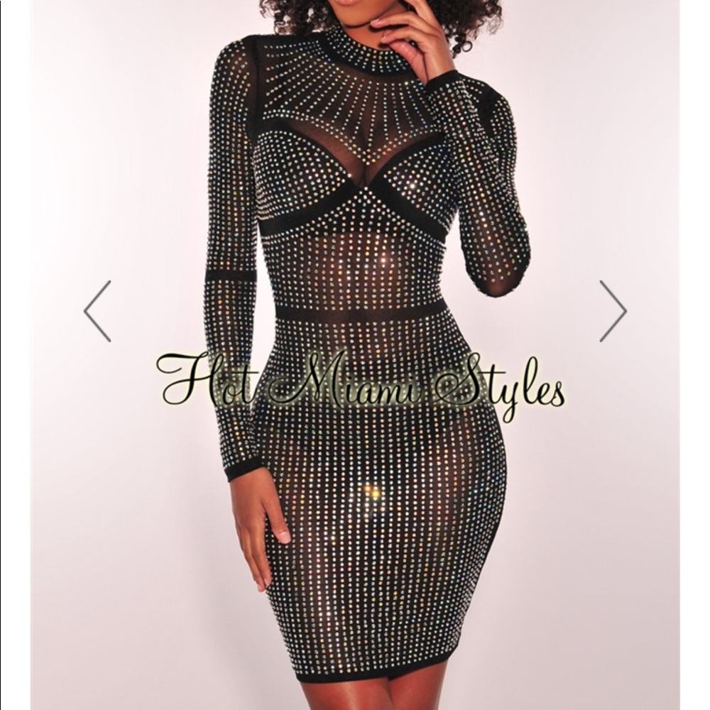 Black Iridescent Rhinestone Studded Mesh Dress